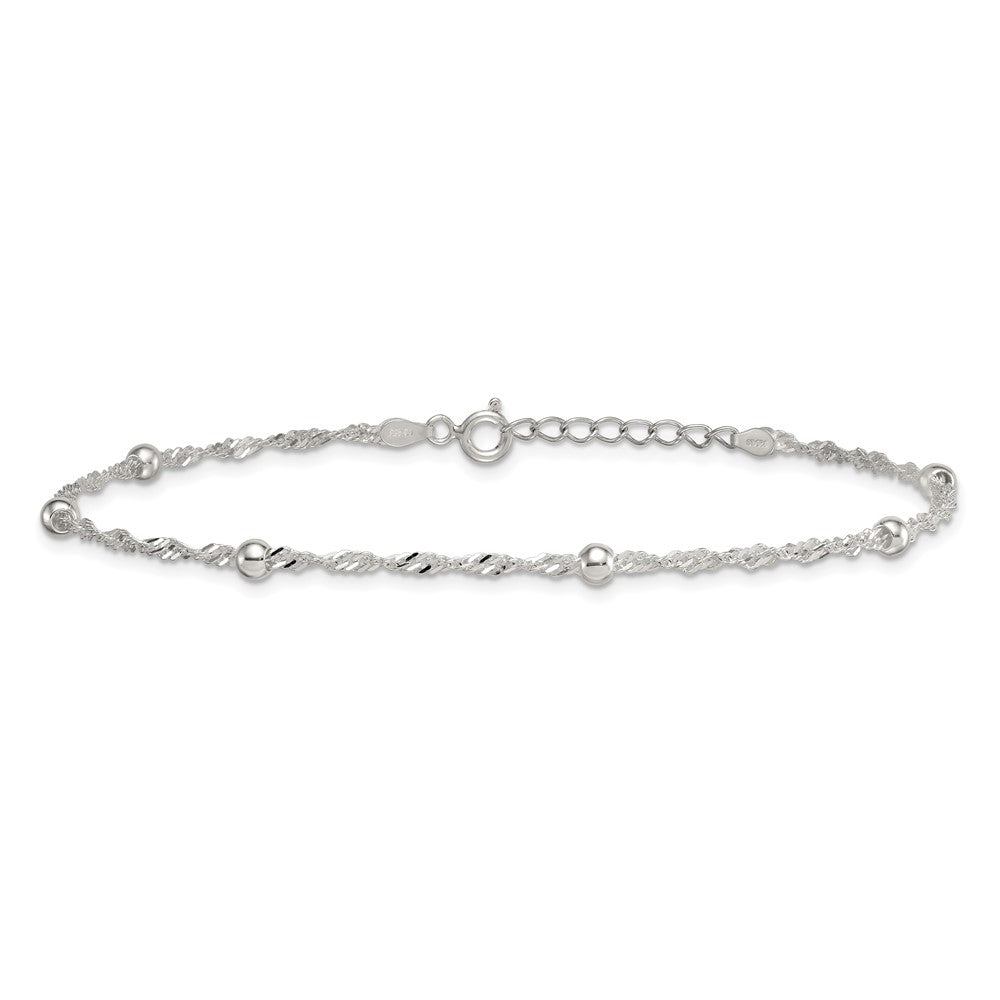 Sterling Silver Polished and Beaded Fancy Link 9in Plus 1in Ext Anklet