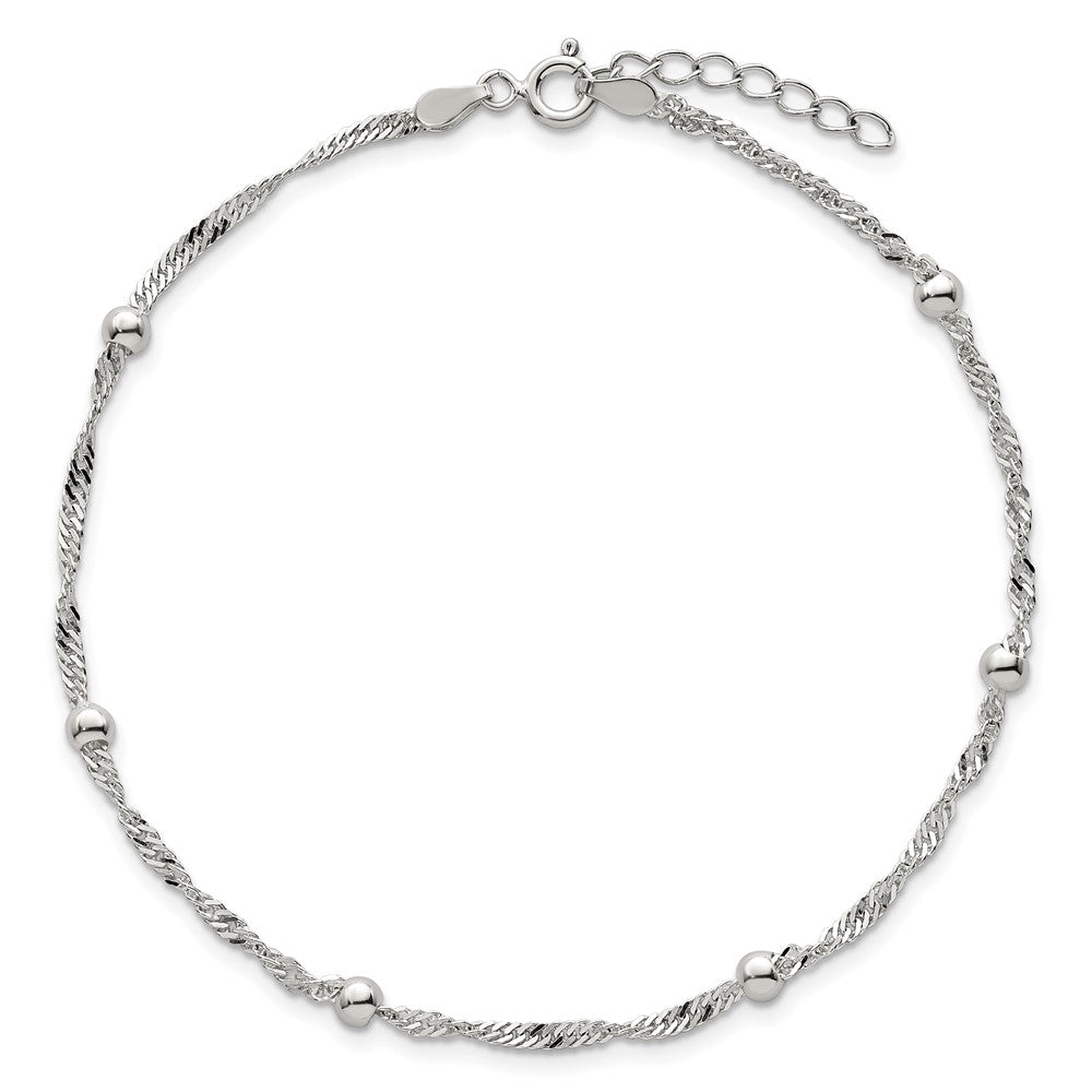 Sterling Silver Polished and Beaded Fancy Link 9in Plus 1in Ext Anklet