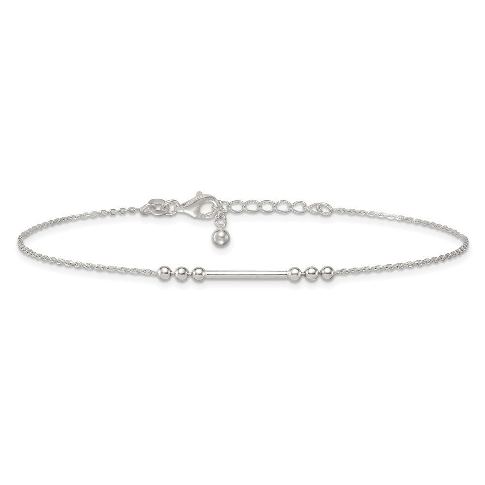 Sterling Silver Polished and Beaded Bar 9in Plus 1in Ext Anklet