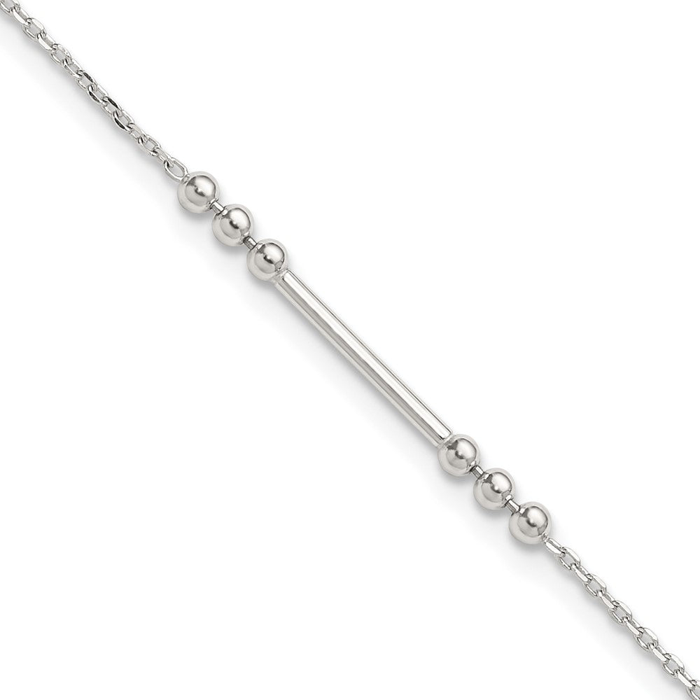 Sterling Silver Polished and Beaded Bar 9in Plus 1in Ext Anklet