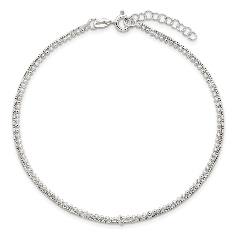 Sterling Silver Polished Beaded 2-Strand Plus Ext Anklet