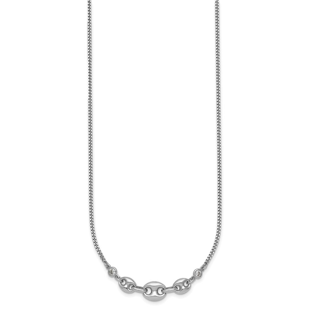 Sterling Silver Rh-plated CZ Puffed Mariner w/ Ext Bracelet