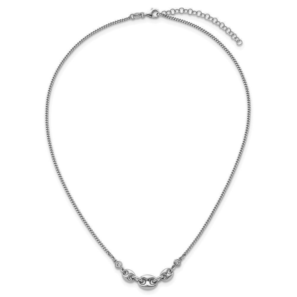 Sterling Silver Rh-plated CZ Puffed Mariner w/ Ext Bracelet