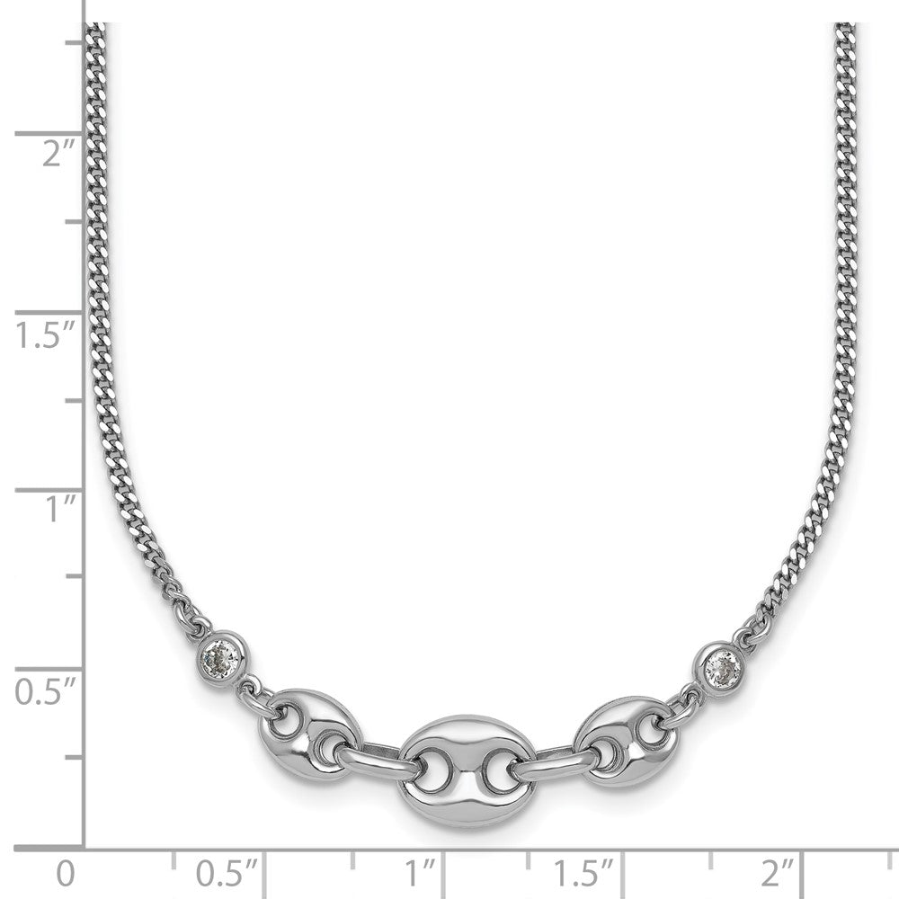 Sterling Silver Rh-plated CZ Puffed Mariner w/ Ext Bracelet