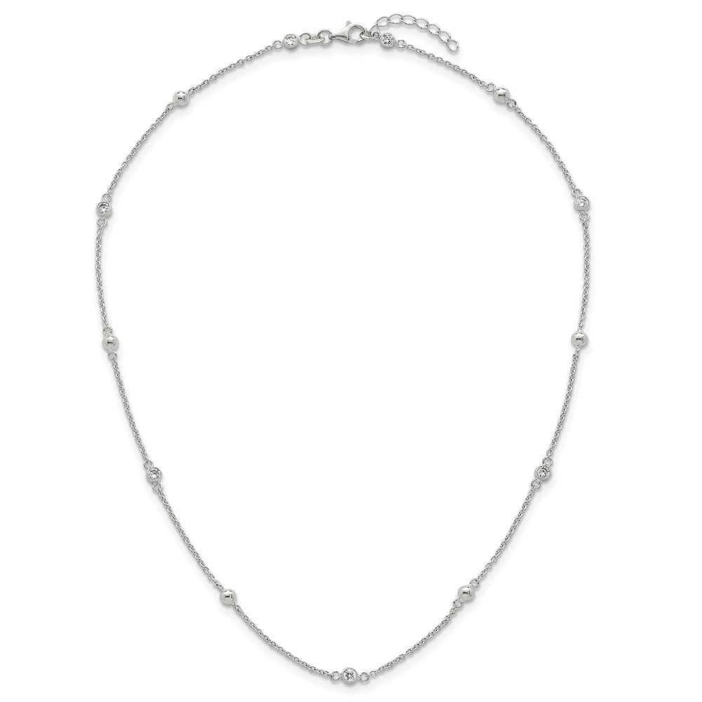 Sterling Silver Polished and Beaded CZ w/. Ext Bracelet