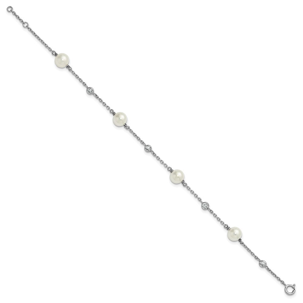 Sterling Silver RH-pltd Polished CZ and Shell Pearl 7in w/.5in Ext Bracelet