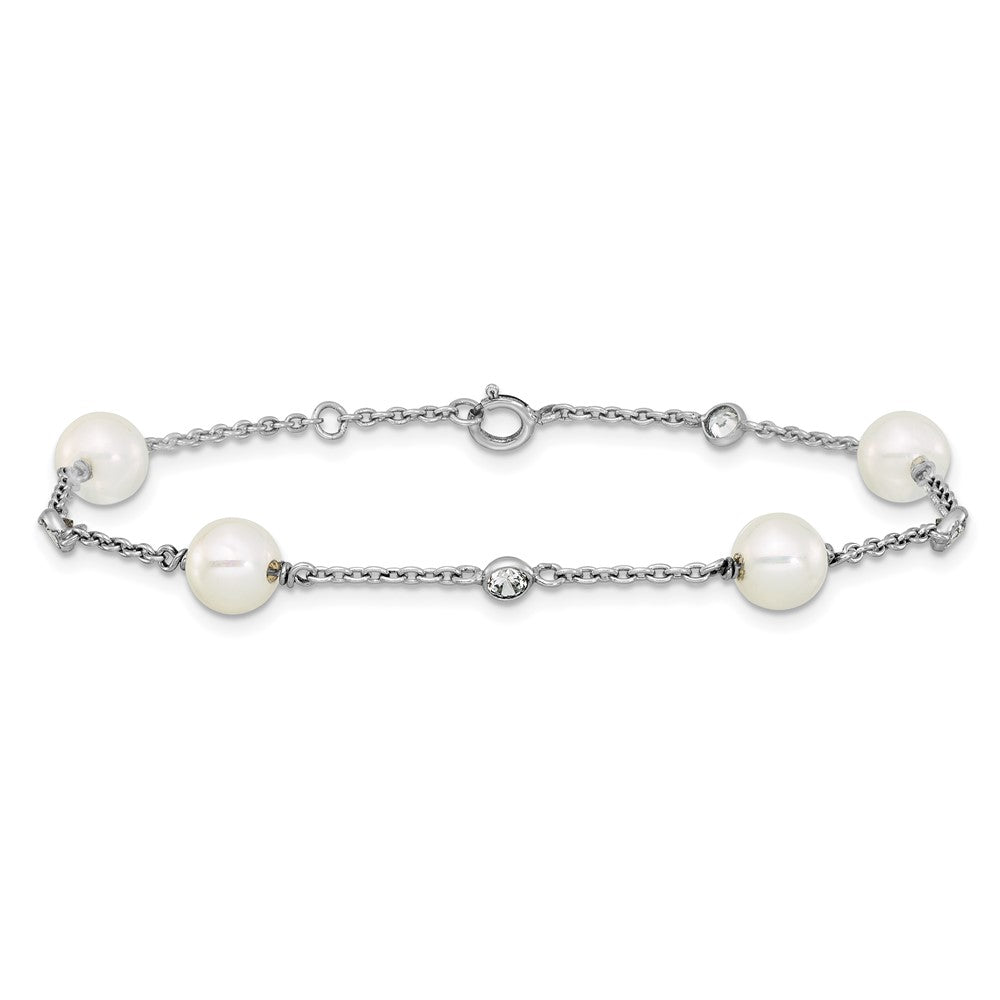 Sterling Silver RH-pltd Polished CZ and Shell Pearl 7in w/.5in Ext Bracelet