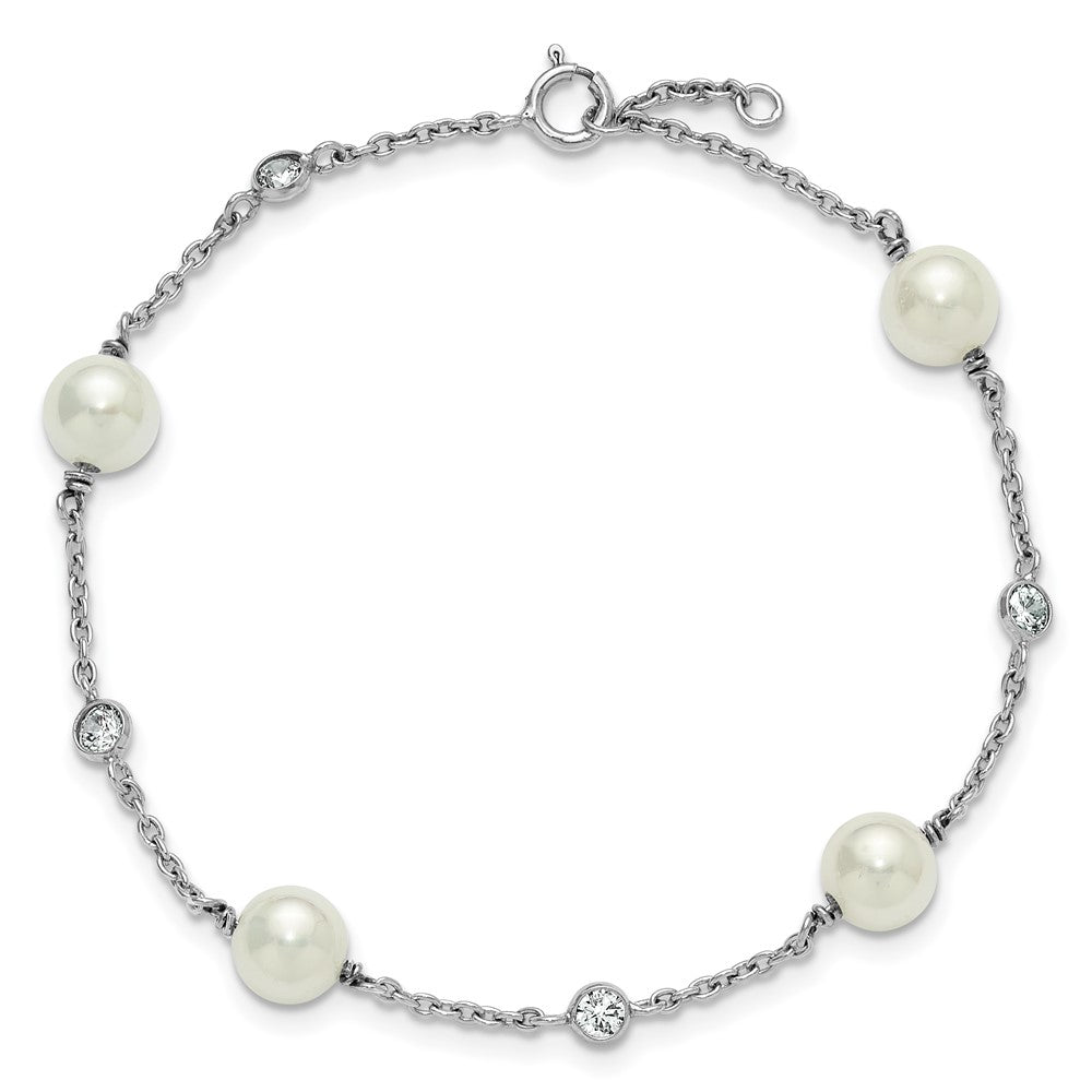 Sterling Silver RH-pltd Polished CZ and Shell Pearl 7in w/.5in Ext Bracelet