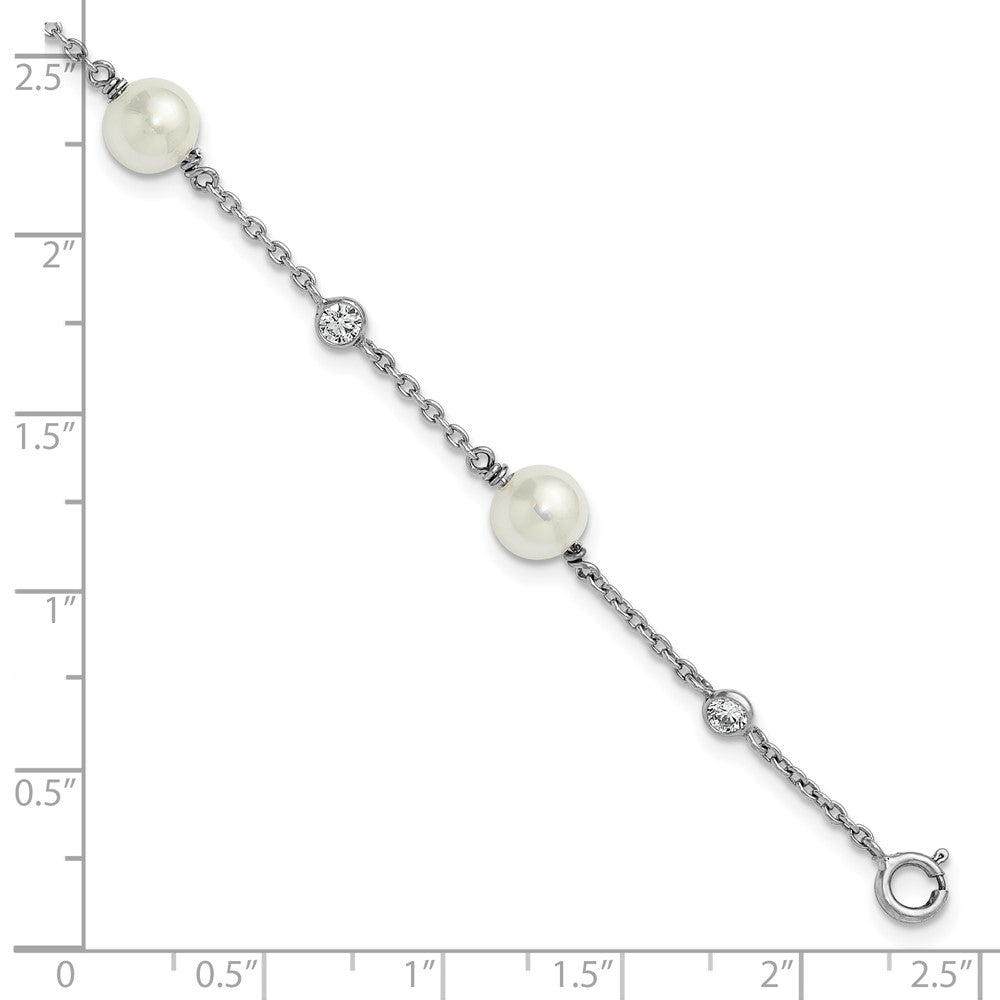 Sterling Silver RH-pltd Polished CZ and Shell Pearl 7in w/.5in Ext Bracelet