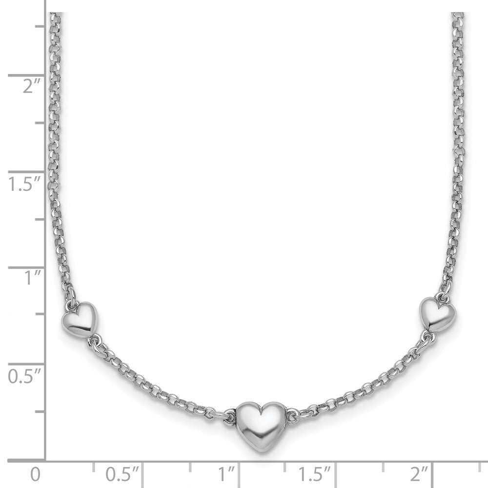 Sterling Silver Rh-plated Polished 3 Hearts 16in w/ 2in Ext Necklace