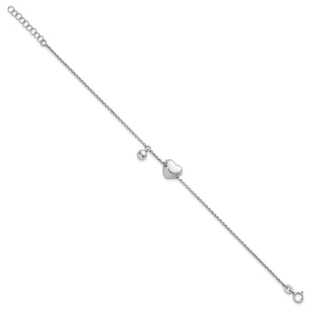 Sterling Silver Rh-plated Polished Heart and Ball 7in w/ 1in Ext Bracelet