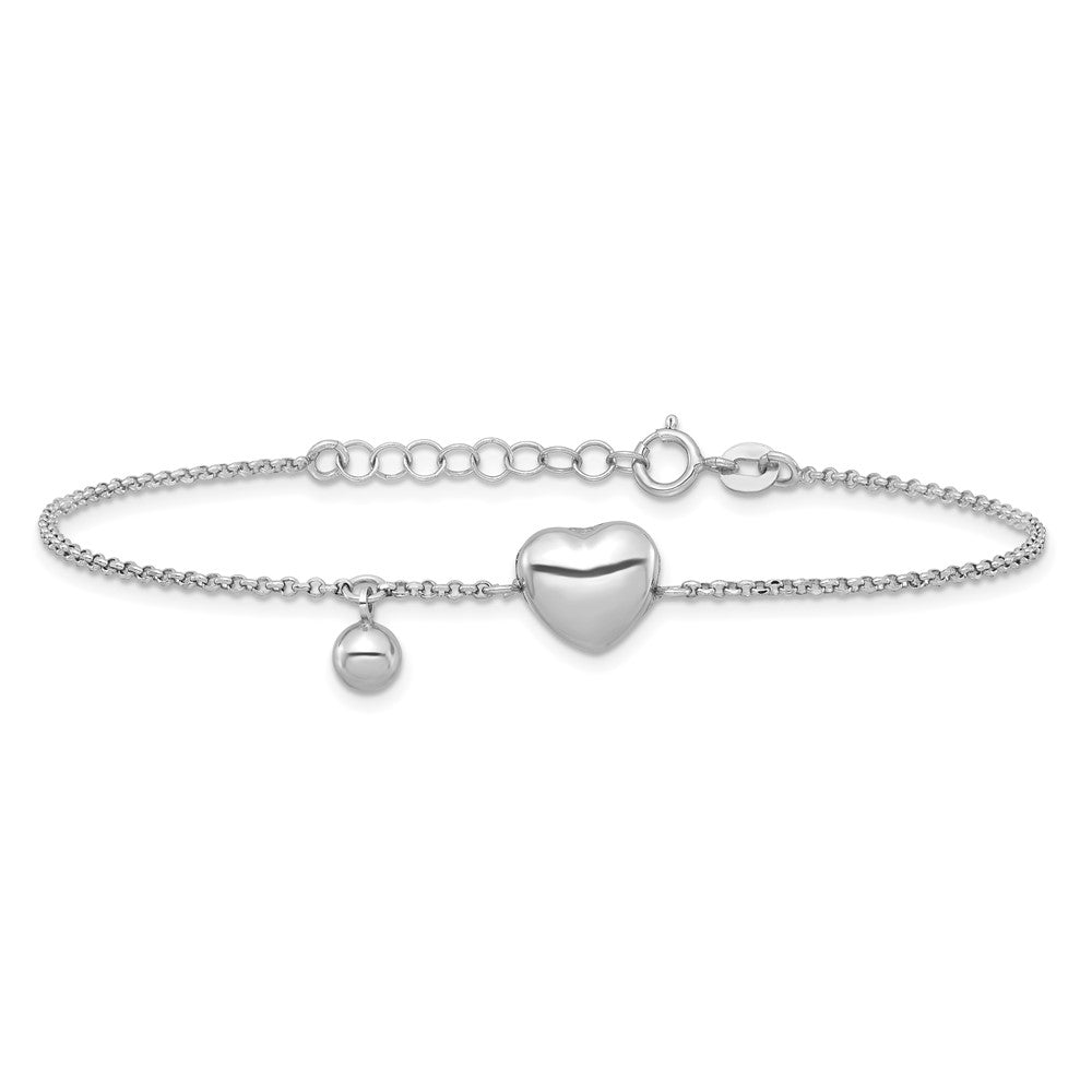Sterling Silver Rh-plated Polished Heart and Ball 7in w/ 1in Ext Bracelet