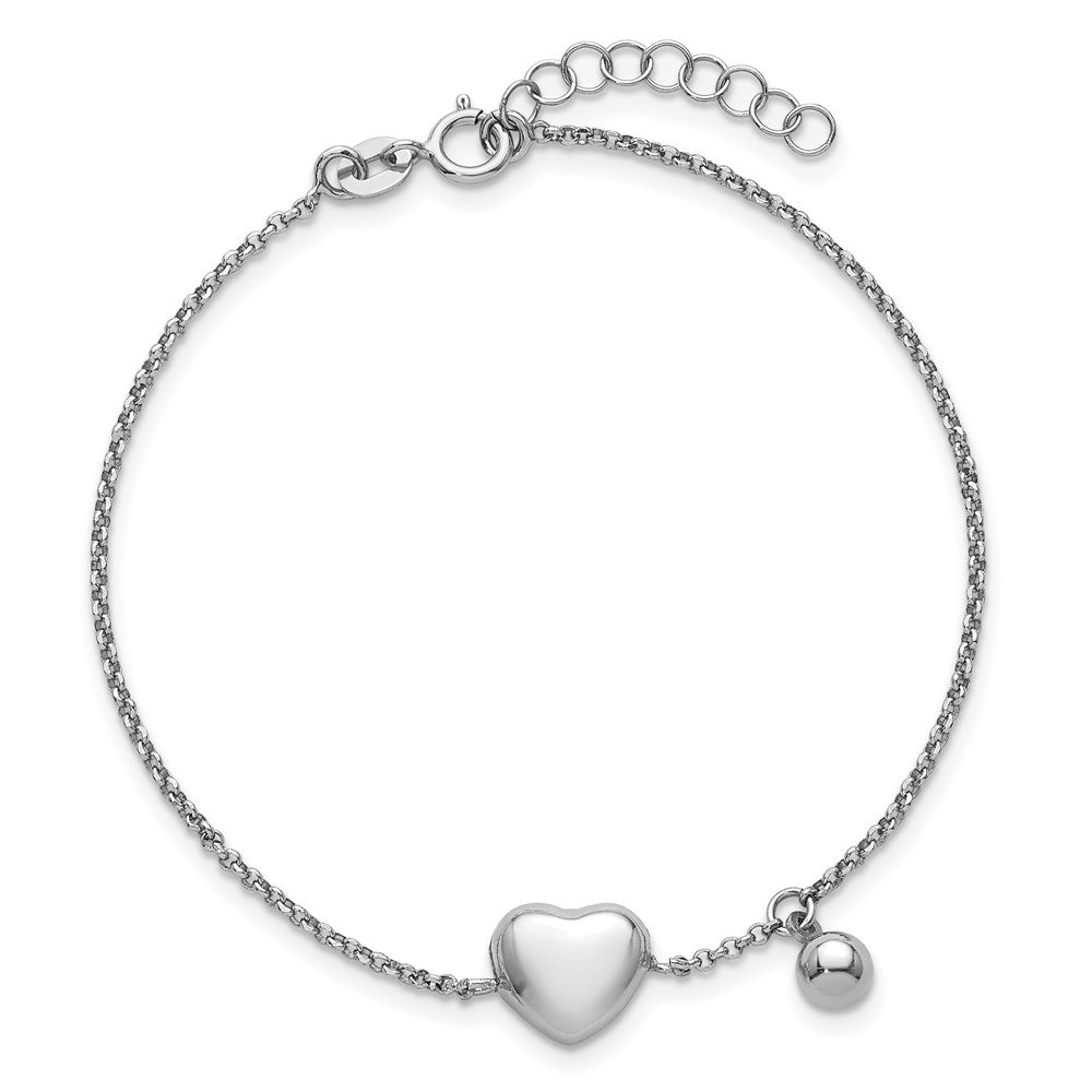 Sterling Silver Rh-plated Polished Heart and Ball 7in w/ 1in Ext Bracelet