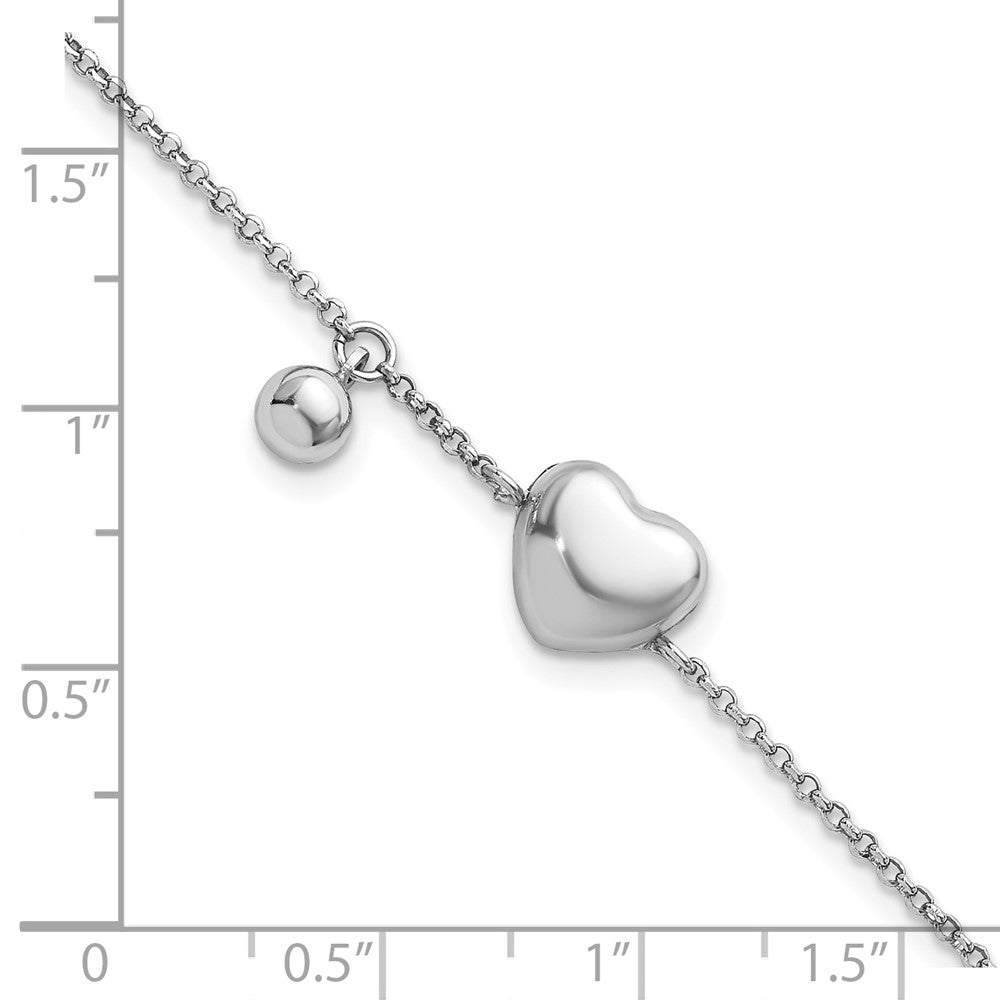 Sterling Silver Rh-plated Polished Heart and Ball 7in w/ 1in Ext Bracelet
