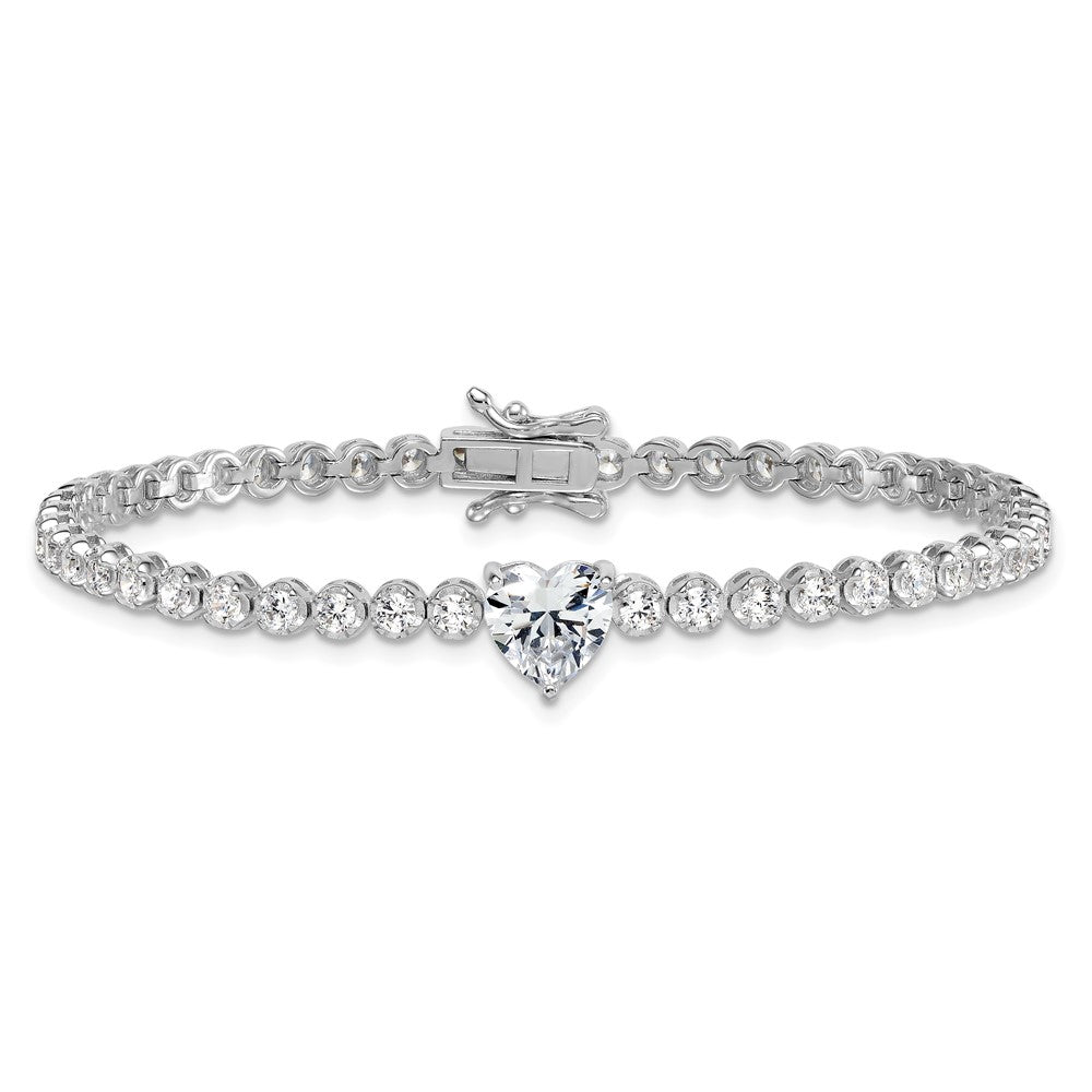 Sterling Silver RH-plated Polished Round and Heart CZ 7.25in Bracelet