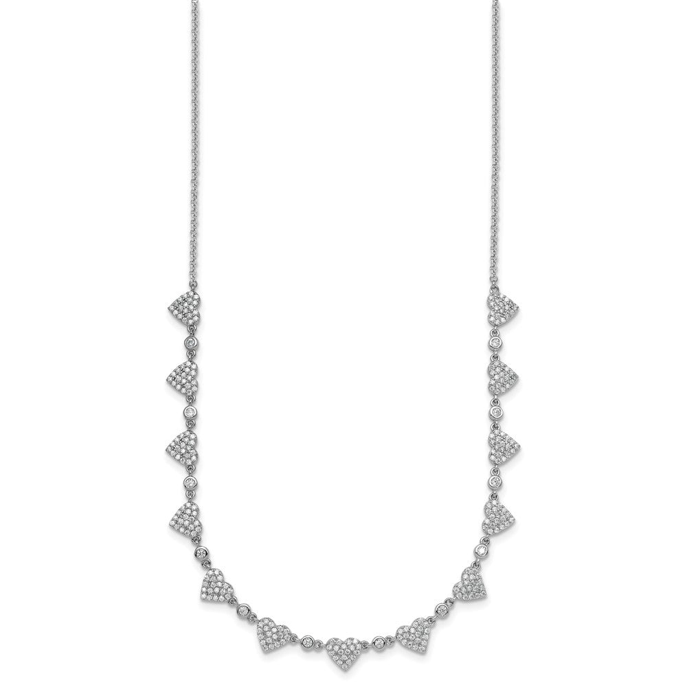 Sterling Silver RH-plated Polished Pave CZ Hearts w/ Ext Bracelet
