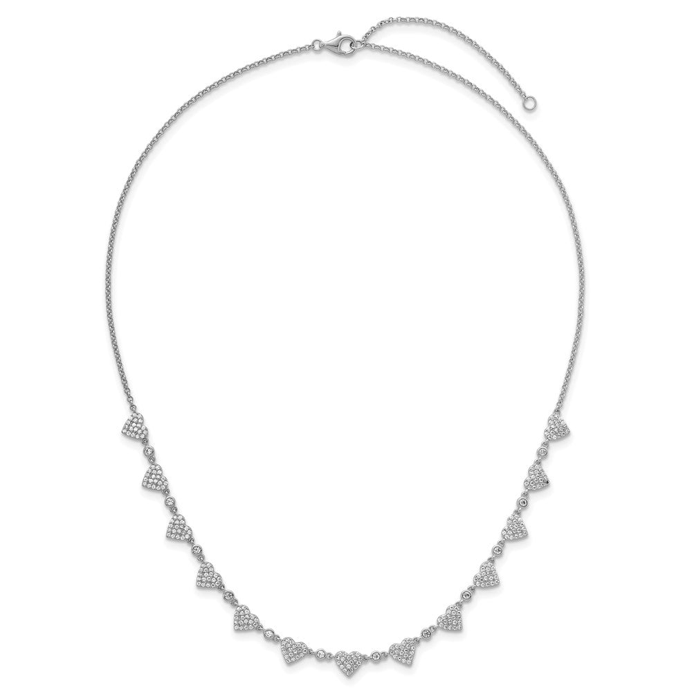 Sterling Silver RH-plated Polished Pave CZ Hearts w/ Ext Bracelet