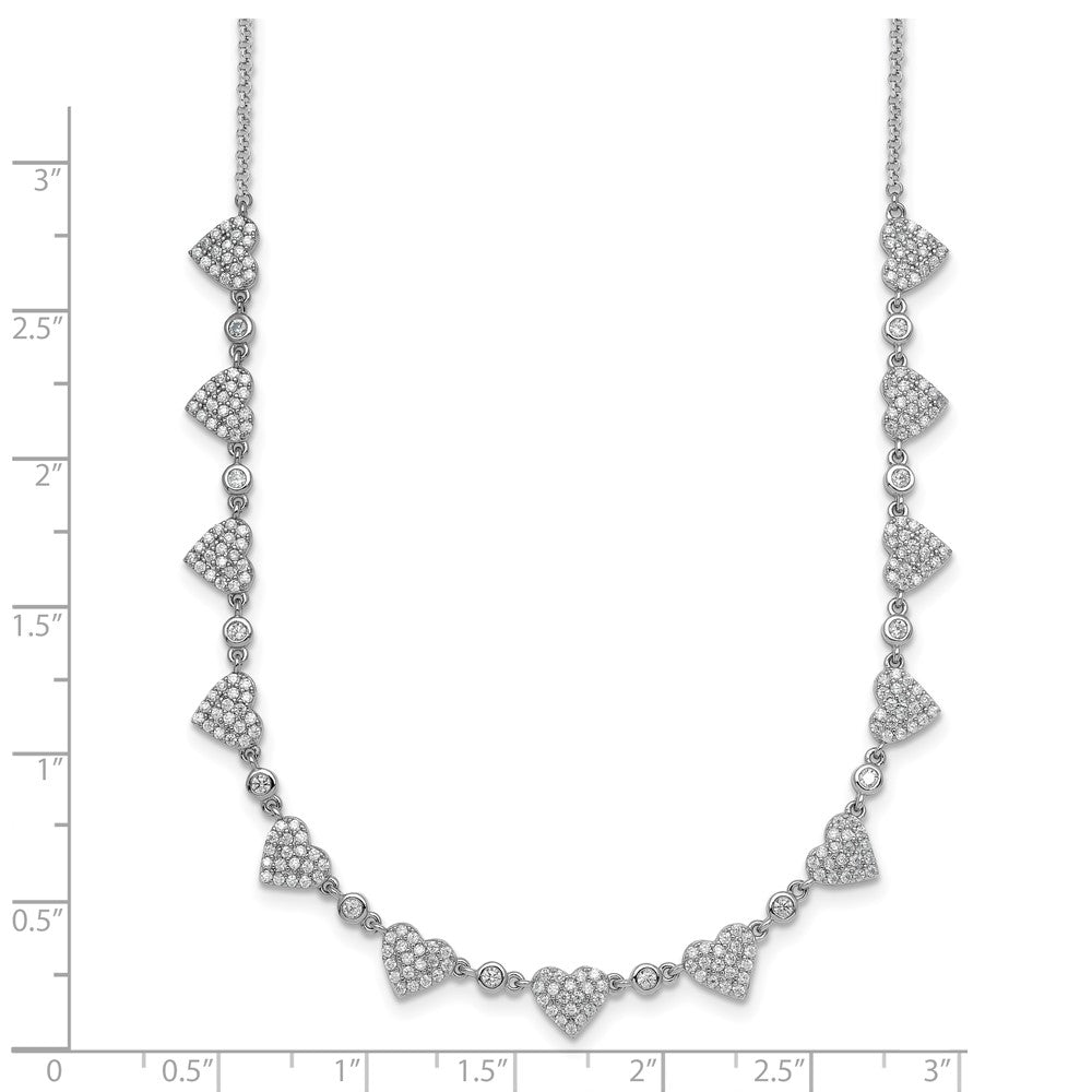 Sterling Silver RH-plated Polished Pave CZ Hearts w/ Ext Bracelet