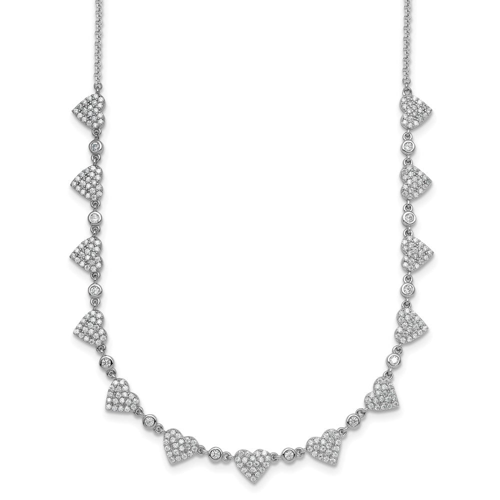 Sterling Silver RH-plated Polished Pave CZ Hearts w/ Ext Bracelet