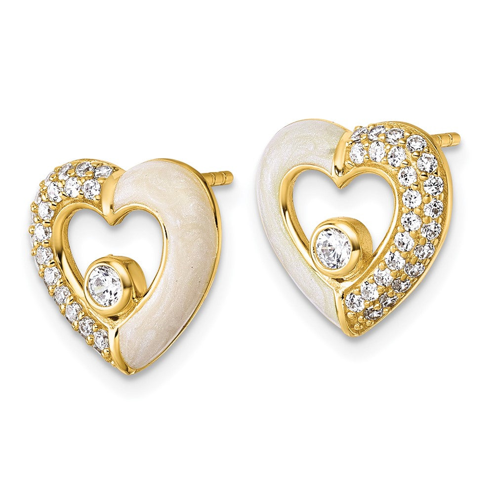 Sterling Silver Gold-tone CZ Enamel Polished Heart Post Earrings