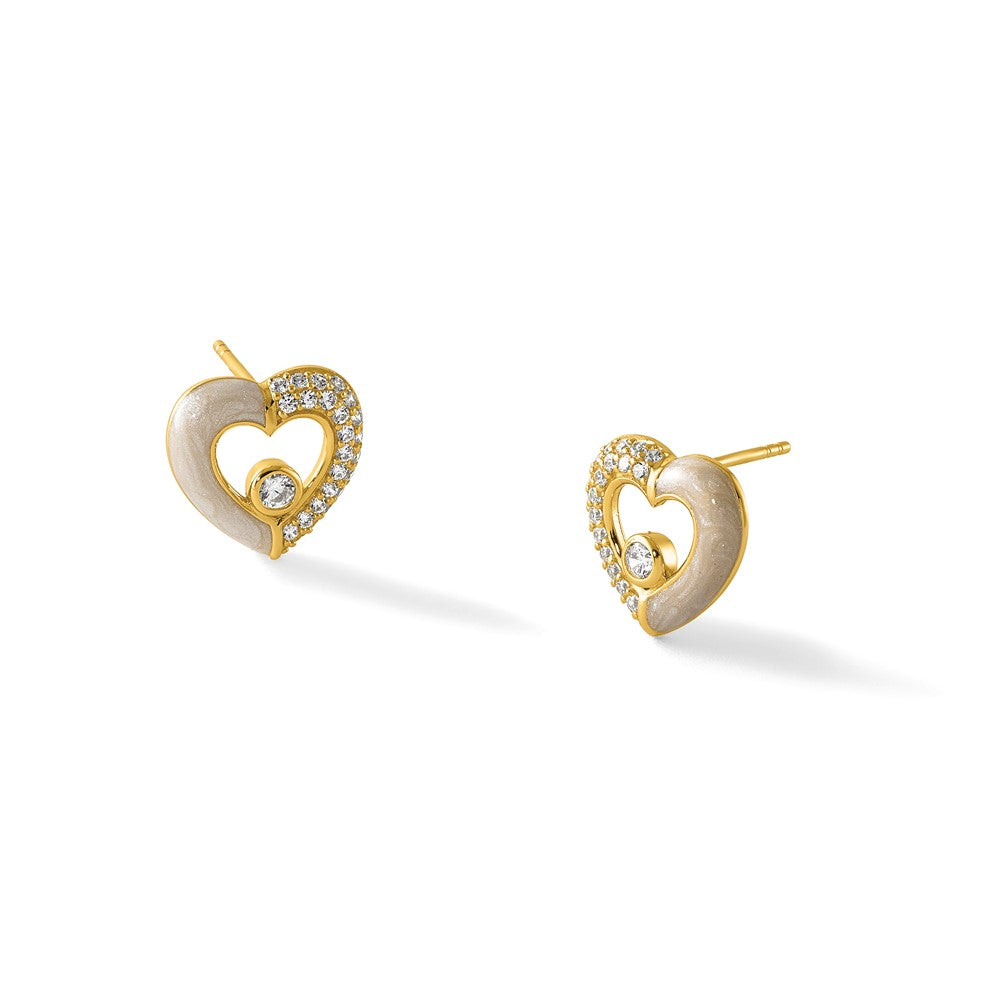 Sterling Silver Gold-tone CZ Enamel Polished Heart Post Earrings