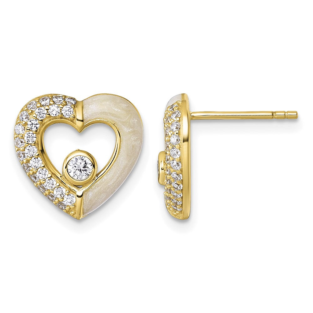 Sterling Silver Gold-tone CZ Enamel Polished Heart Post Earrings