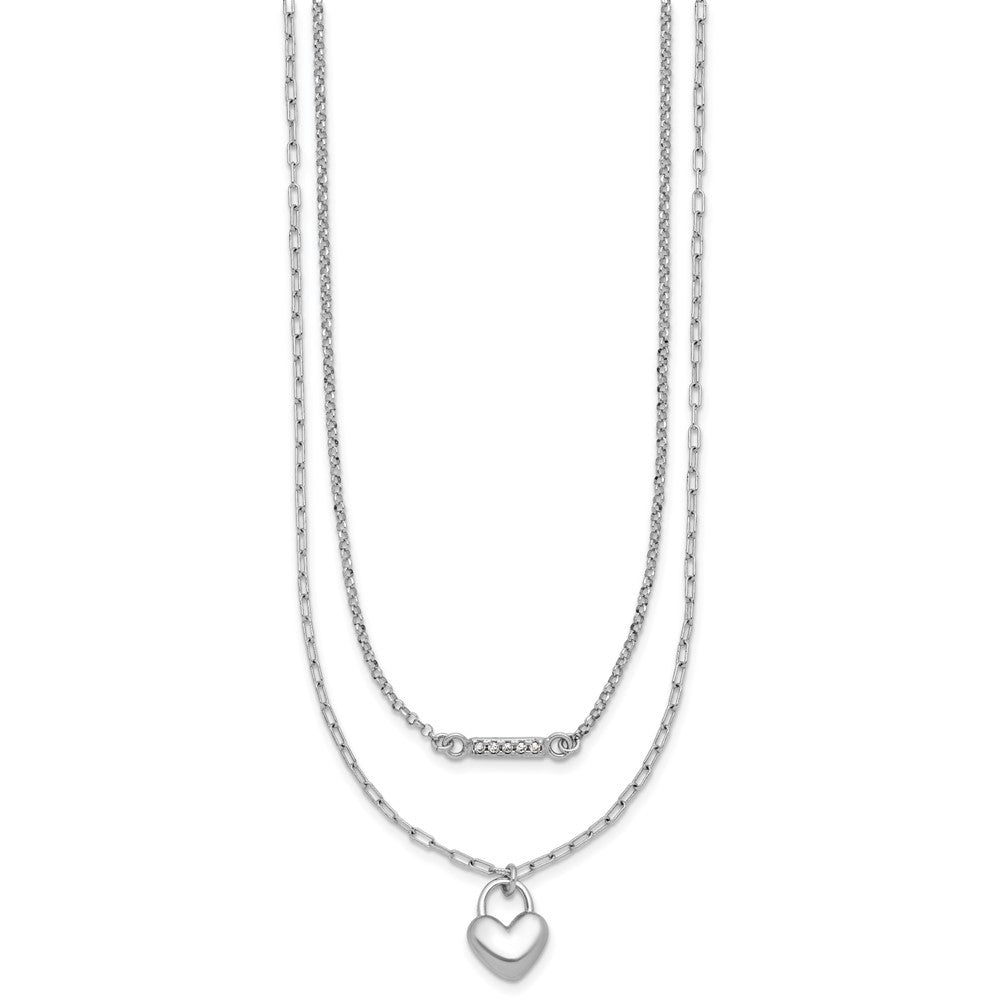 Sterling Silver Rhodium-plated CZ Puff Heart 7 w/ ext 2-strand Bracelet