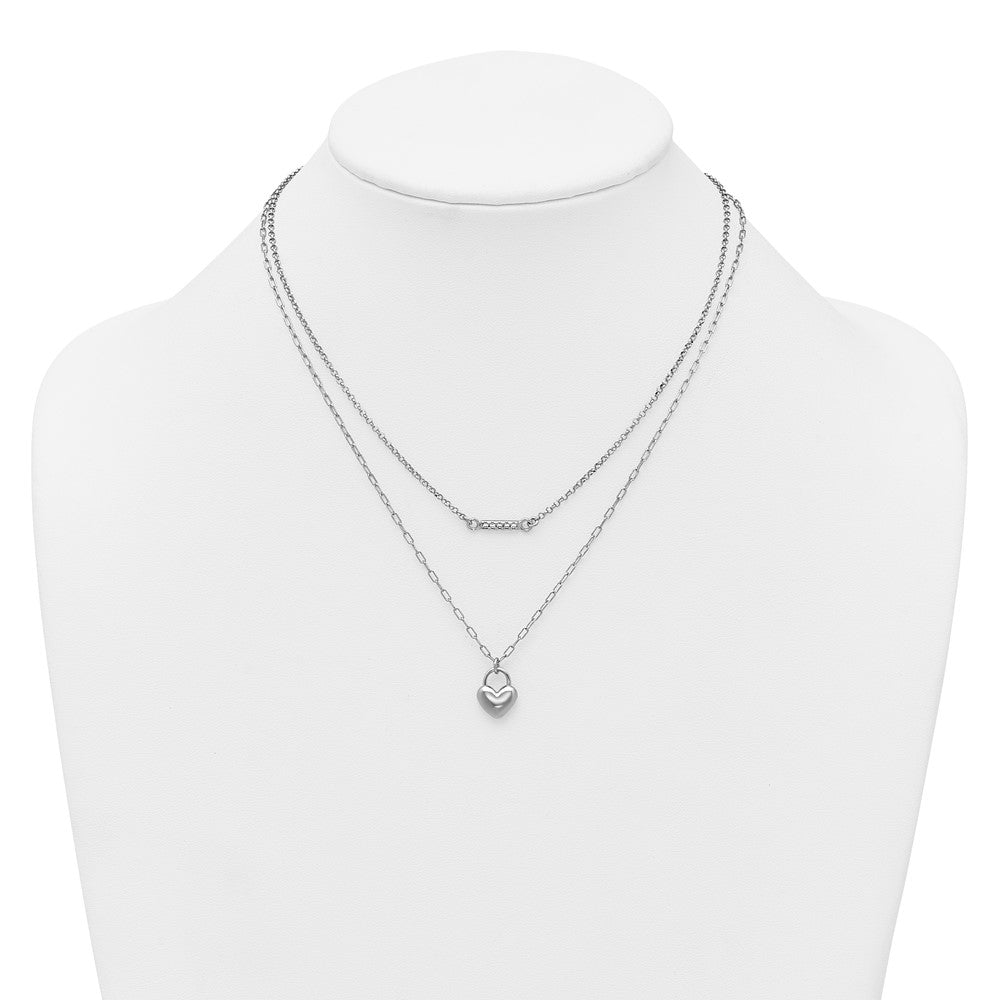 Sterling Silver Rhodium-plated CZ Puff Heart 7 w/ ext 2-strand Bracelet