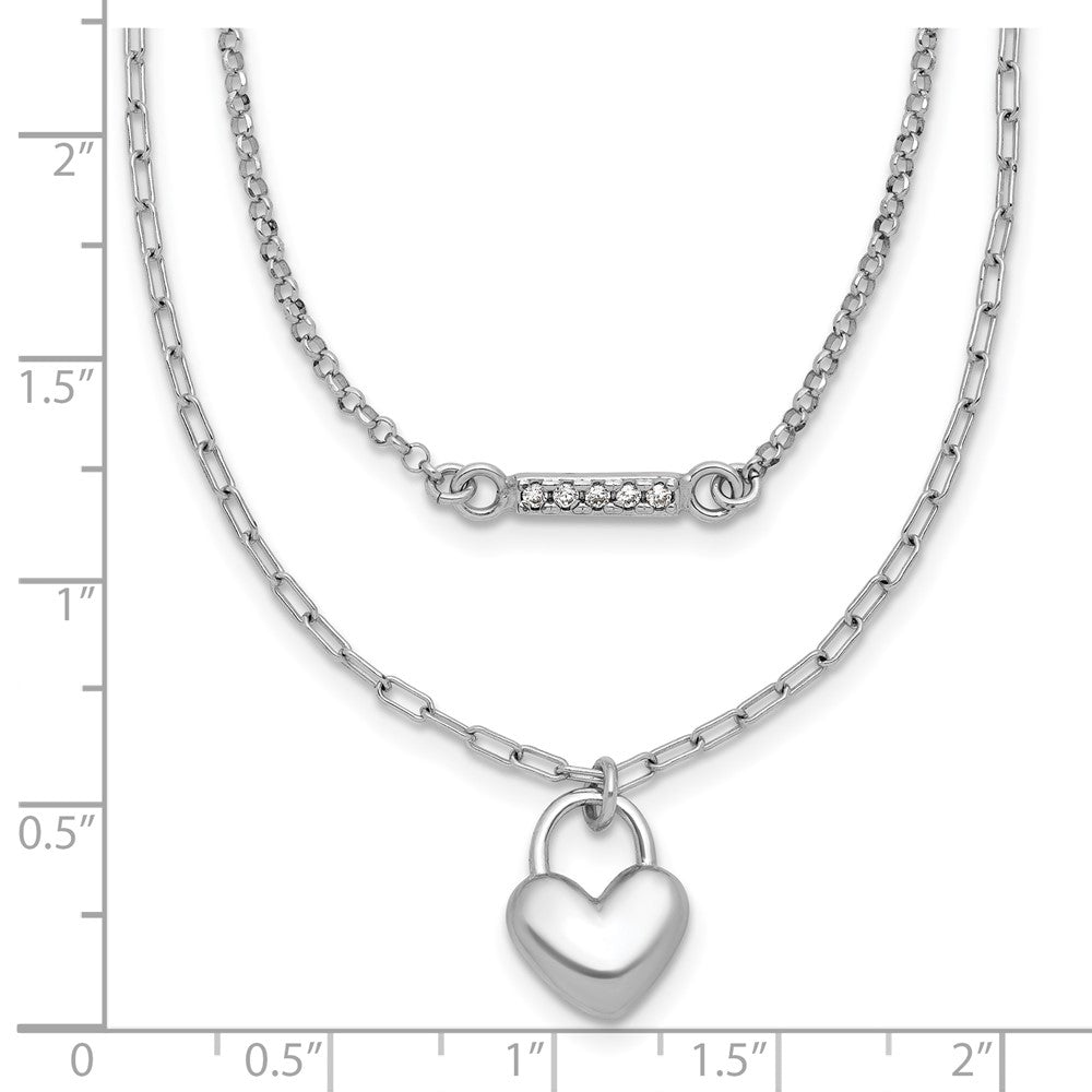 Sterling Silver Rhodium-plated CZ Puff Heart 7 w/ ext 2-strand Bracelet