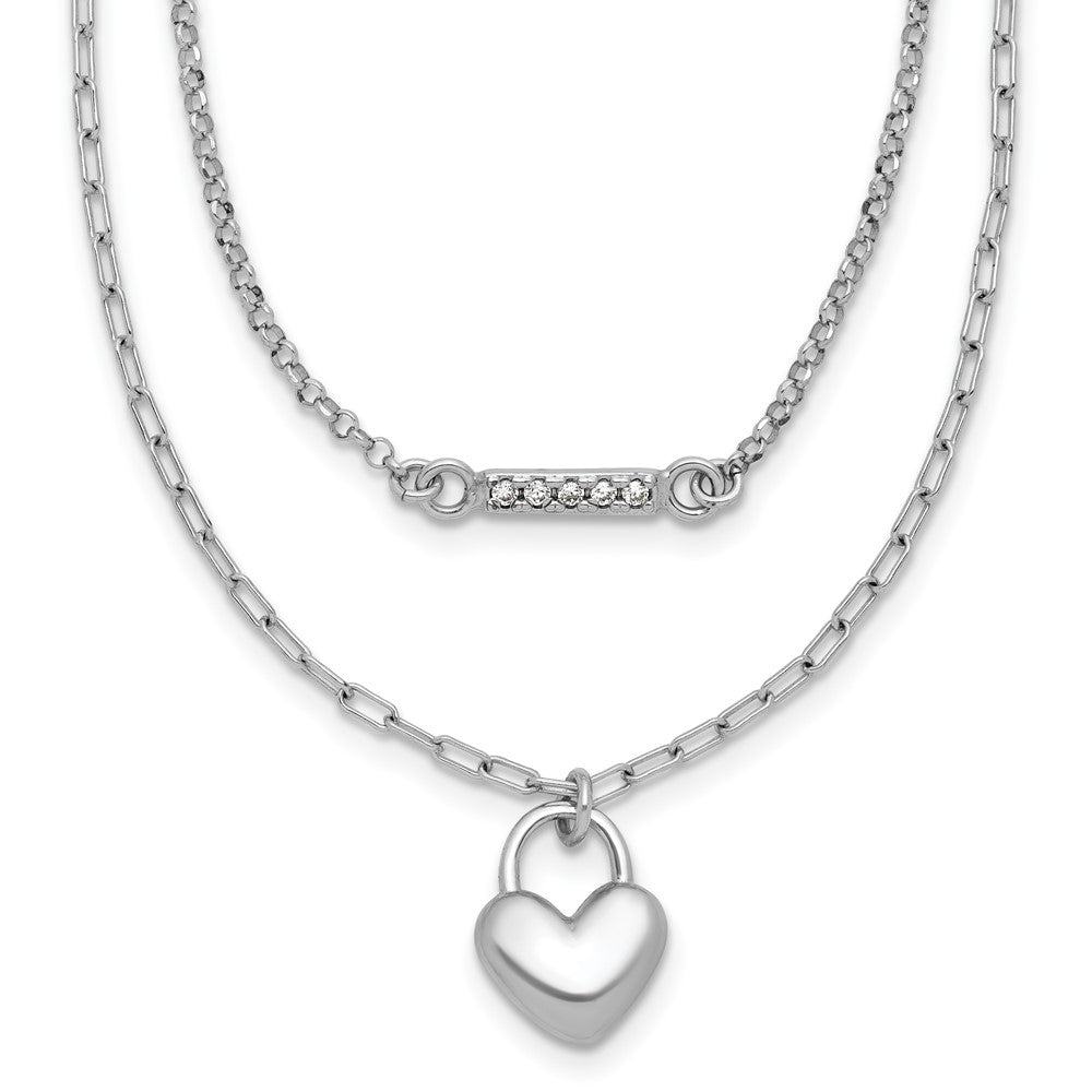Sterling Silver Rhodium-plated CZ Puff Heart 7 w/ ext 2-strand Bracelet