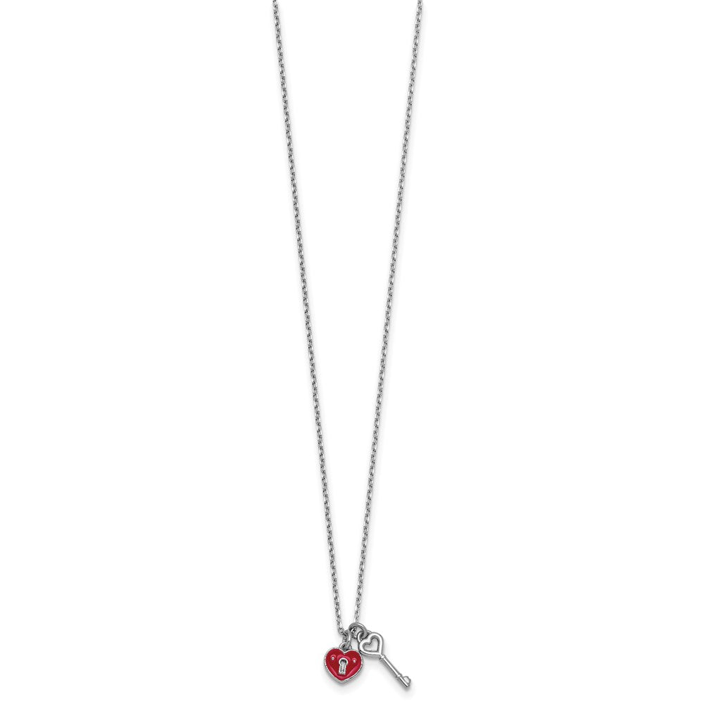 Sterling Silver Rhod-plat Enamel Heart Lock w/Key w/ ext Necklace