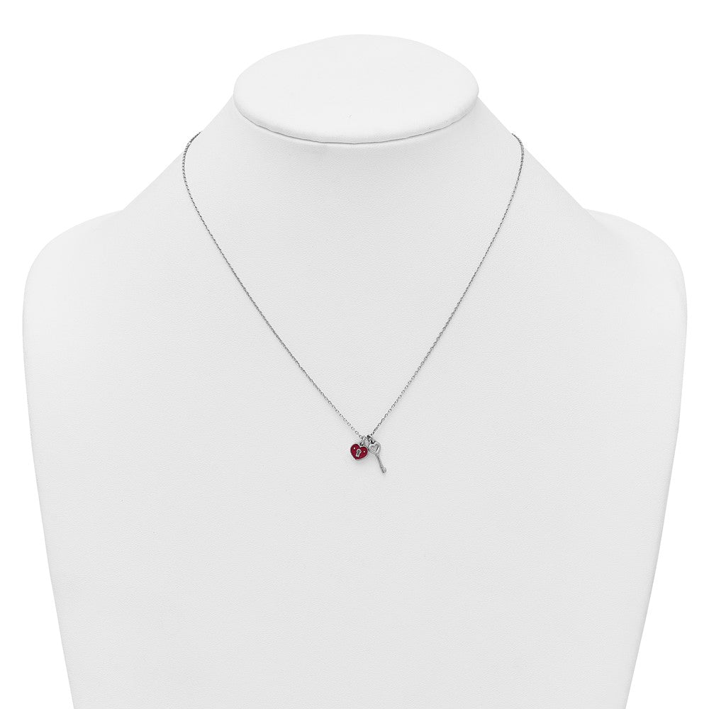 Sterling Silver Rhod-plat Enamel Heart Lock w/Key w/ ext Necklace