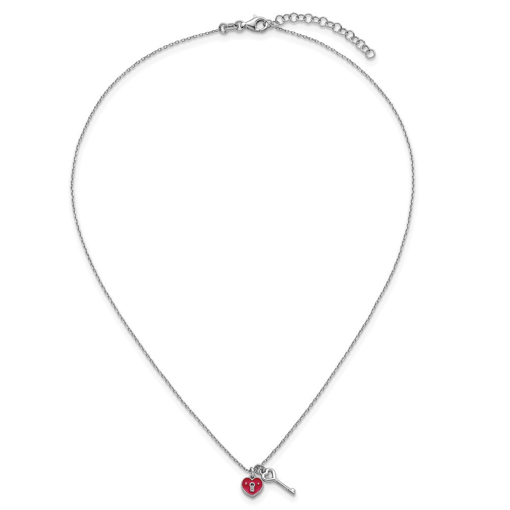 Sterling Silver Rhod-plat Enamel Heart Lock w/Key w/ ext Necklace