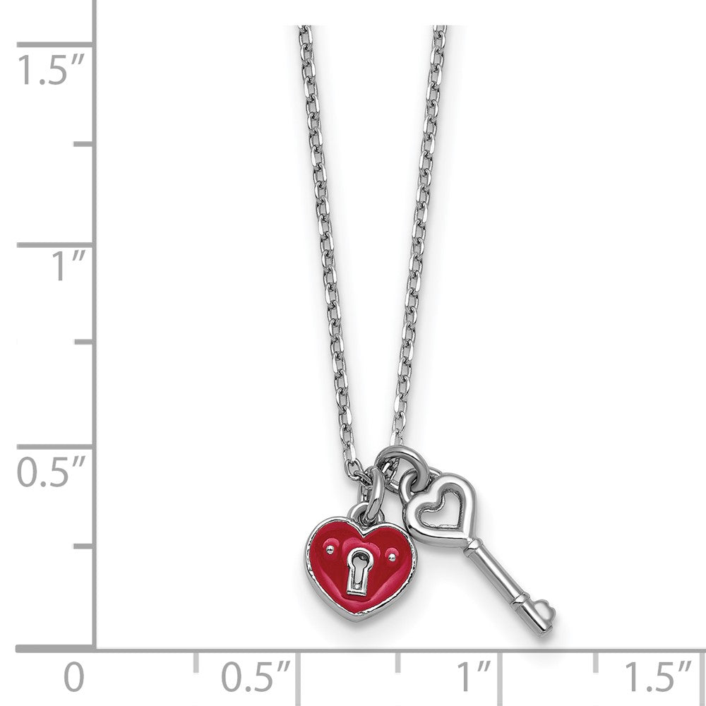 Sterling Silver Rhod-plat Enamel Heart Lock w/Key w/ ext Necklace