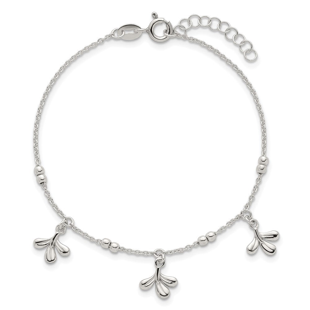Sterling Silver Polished and Beaded 3 Leaf w/1in Ext Bracelet