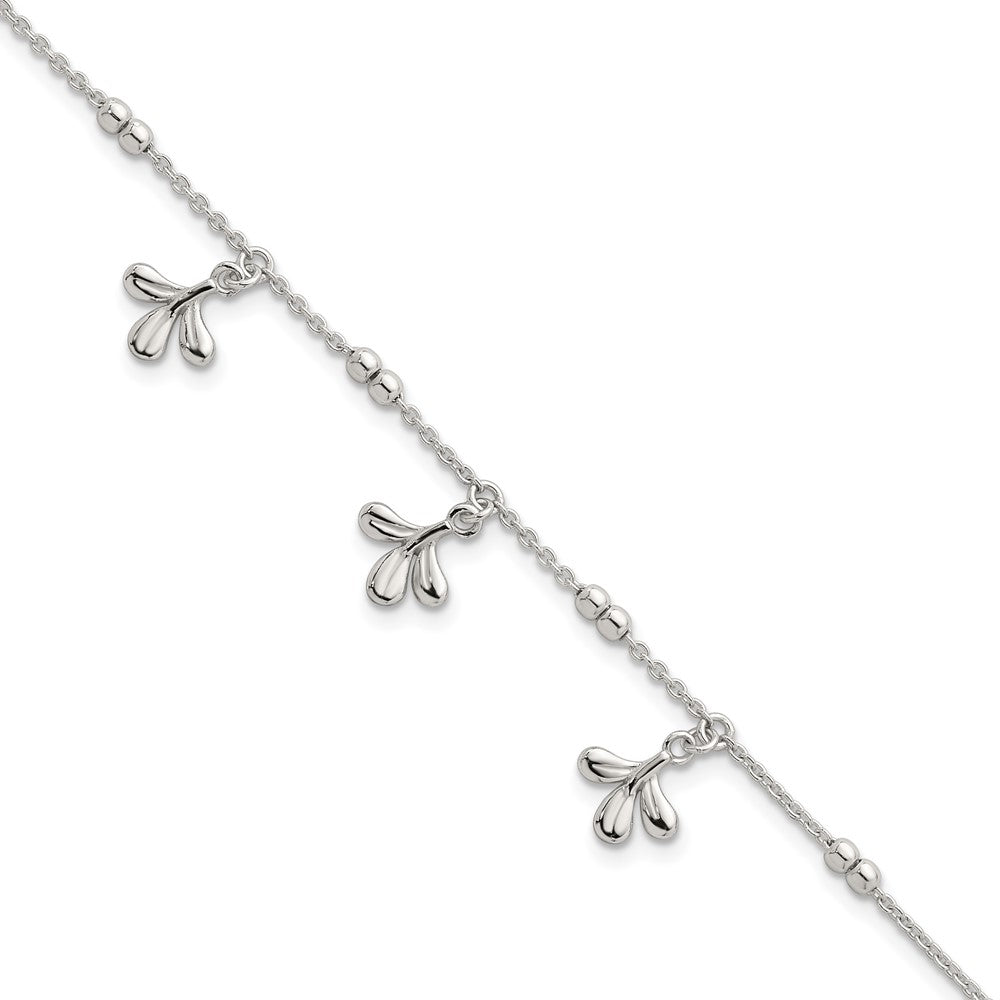 Sterling Silver Polished and Beaded 3 Leaf w/1in Ext Bracelet
