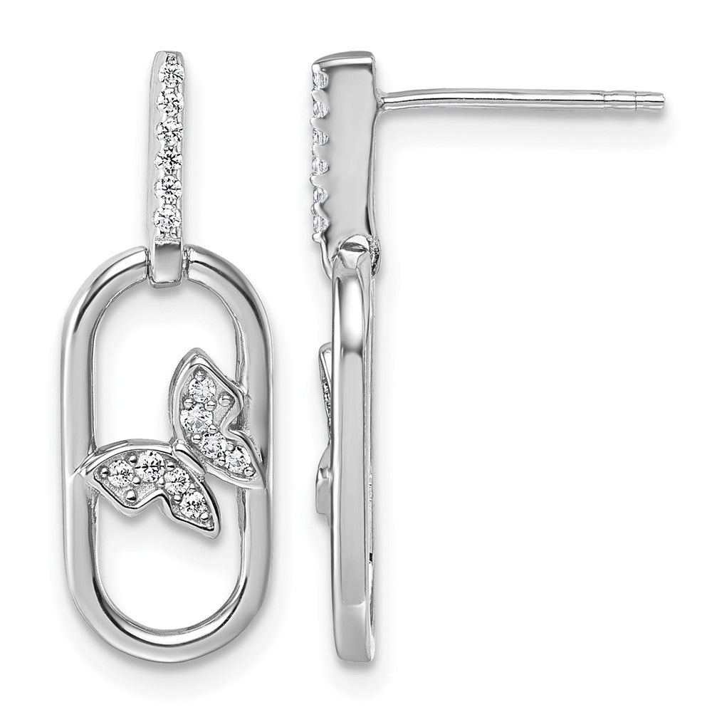 Sterling Silver Rhodium-plated CZ Oval Dangle With Butterfly Post Earrings