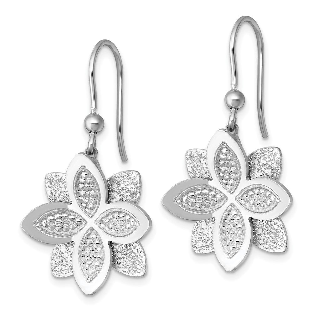 Sterling Silver RH-plated Polished Brushed/Textured Flower Dangle Earrings