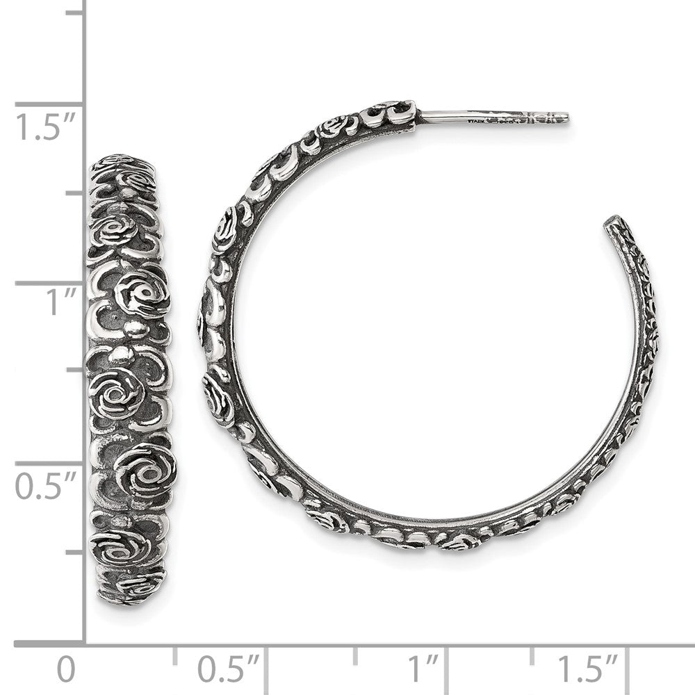 Sterling Silver Antiqued Graduated Floral Post Hoop Earrings