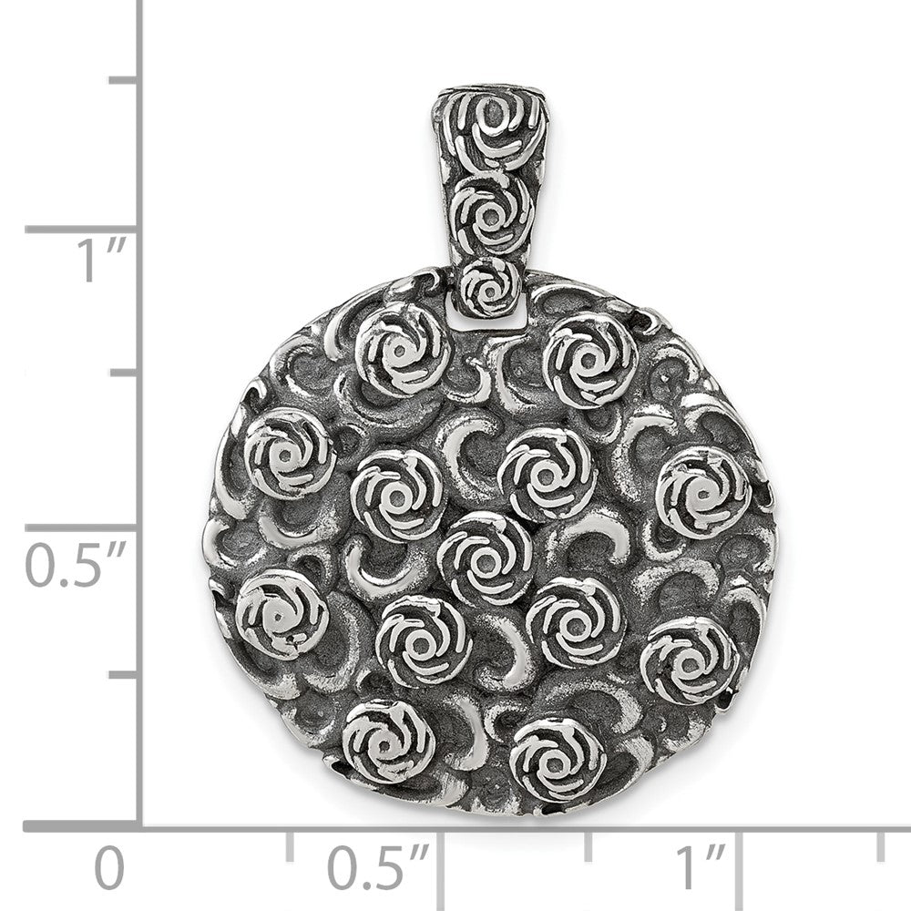 Sterling Silver Antiqued Floral Round Disc Pendant