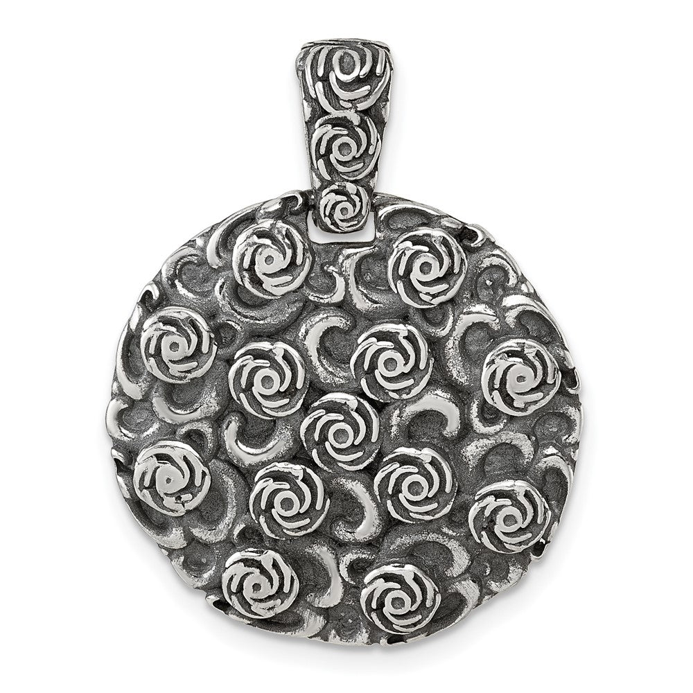 Sterling Silver Antiqued Floral Round Disc Pendant