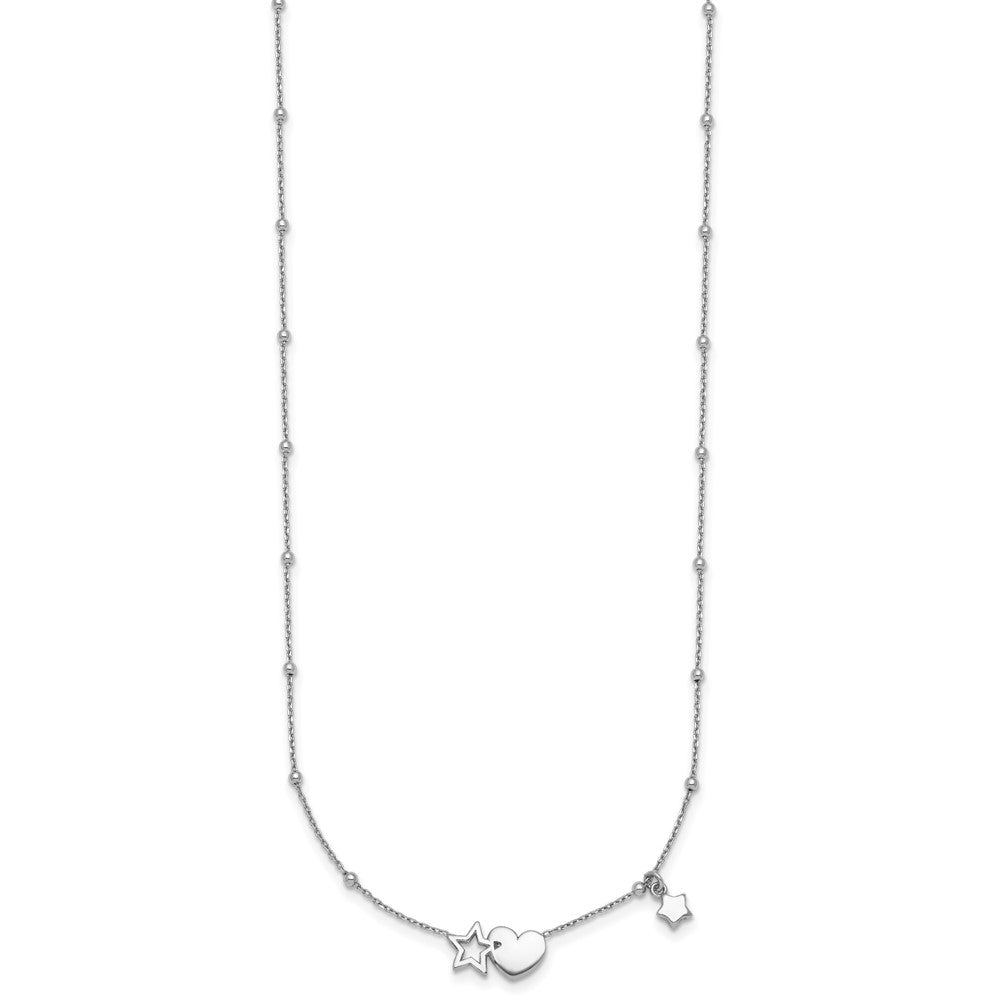 Sterling Silver Rh-plated Polished Heart and Stars 16in w/ 2in Ext Necklace