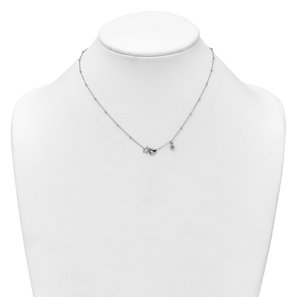 Sterling Silver Rh-plated Polished Heart and Stars 16in w/ 2in Ext Necklace