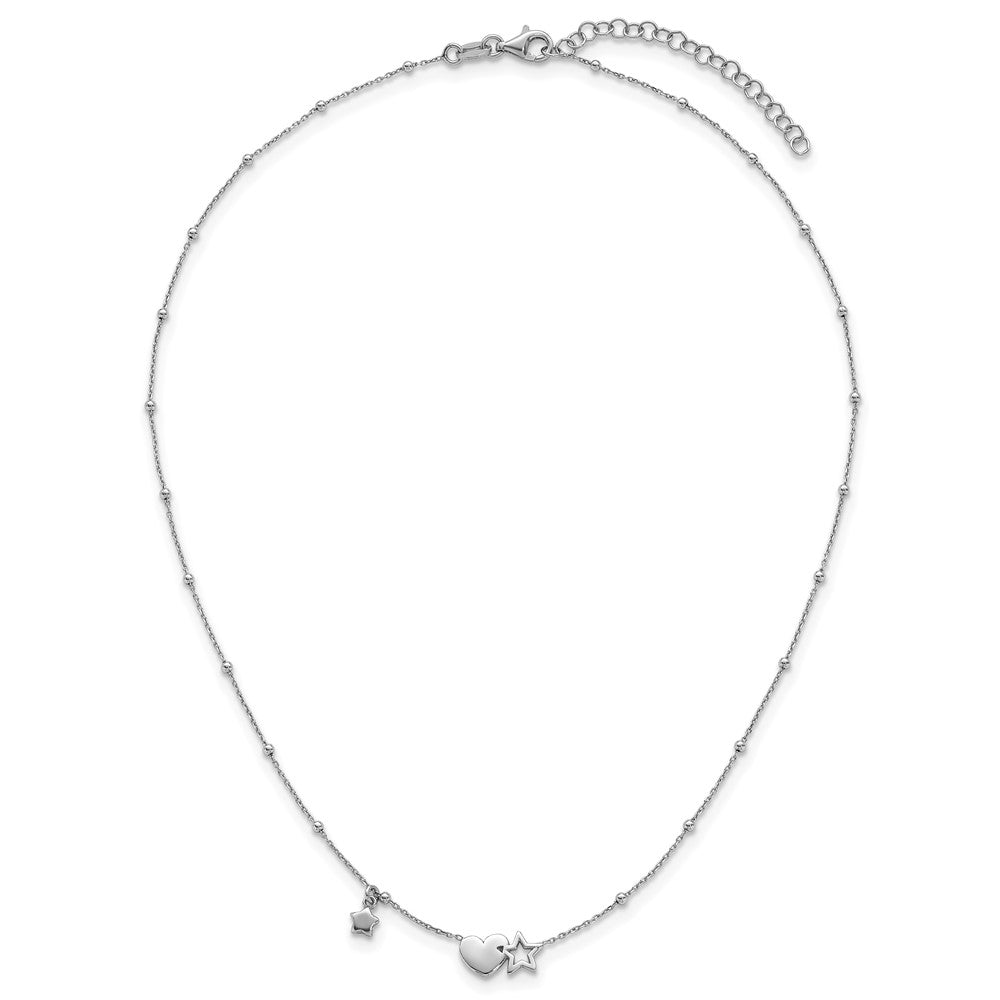 Sterling Silver Rh-plated Polished Heart and Stars 16in w/ 2in Ext Necklace