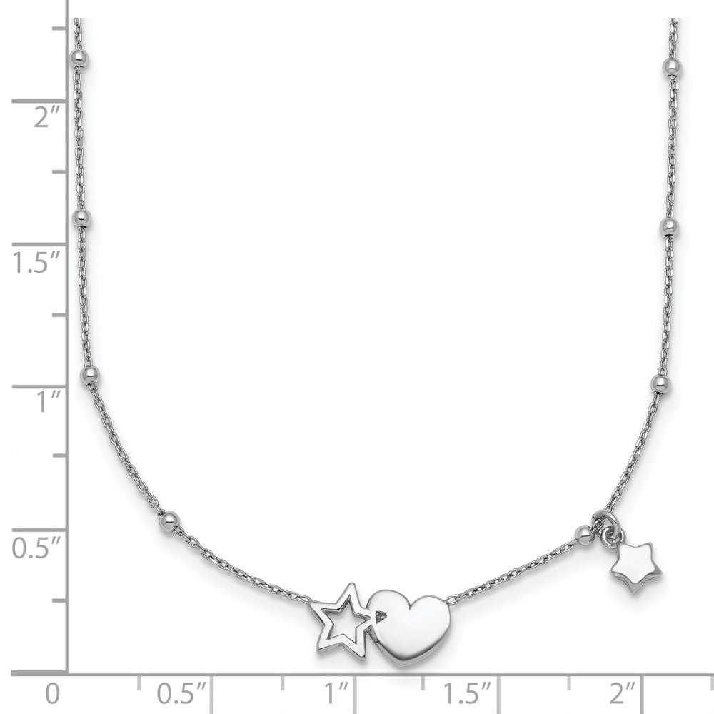 Sterling Silver Rh-plated Polished Heart and Stars 16in w/ 2in Ext Necklace