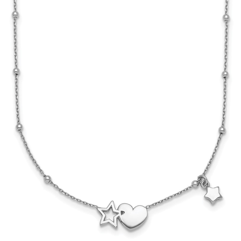 Sterling Silver Rh-plated Polished Heart and Stars 16in w/ 2in Ext Necklace