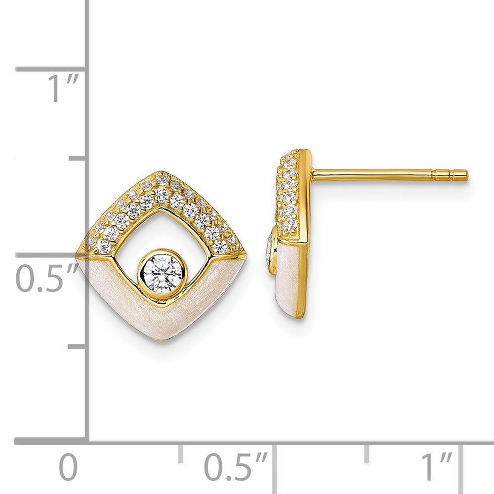 Sterling Silver Gold-tone CZ Enamel Polished Square Post Earrings
