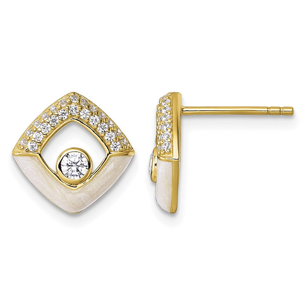 Sterling Silver Gold-tone CZ Enamel Polished Square Post Earrings
