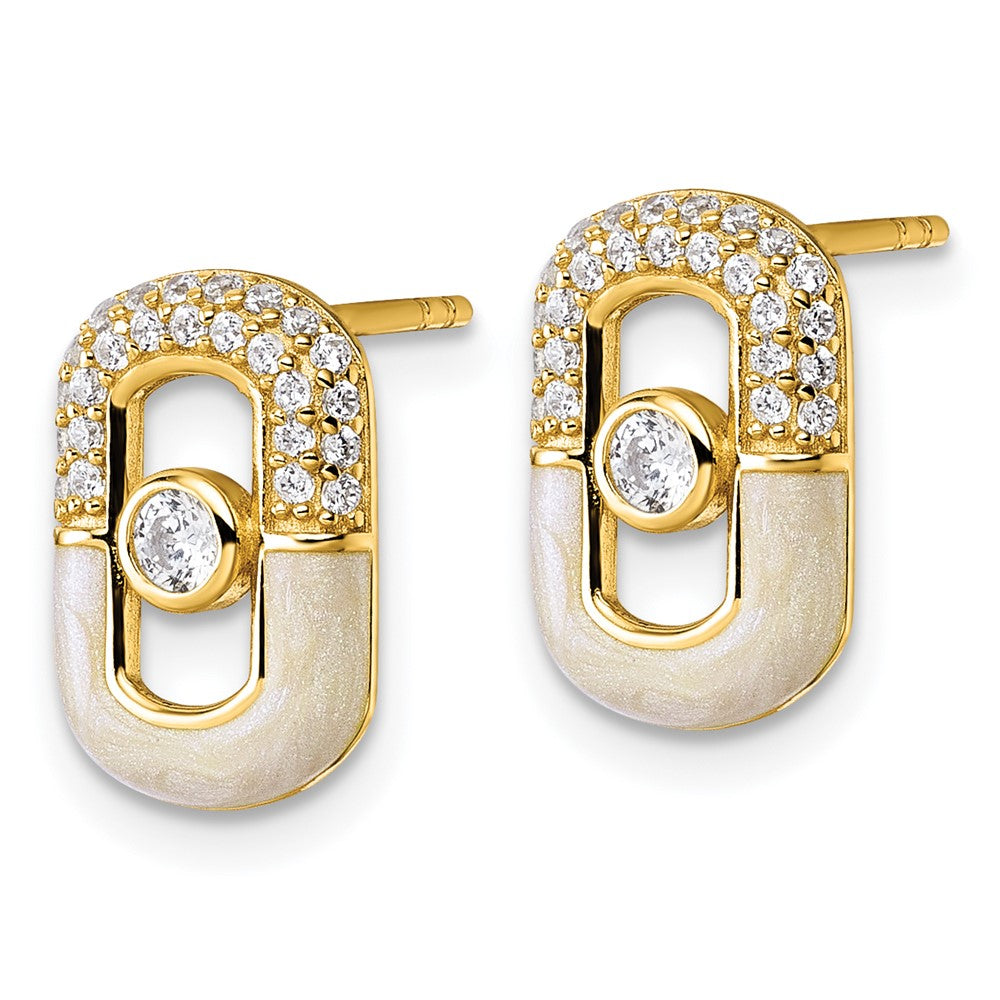 Sterling Silver Gold-tone CZ Enamel Rectangle Post Earrings