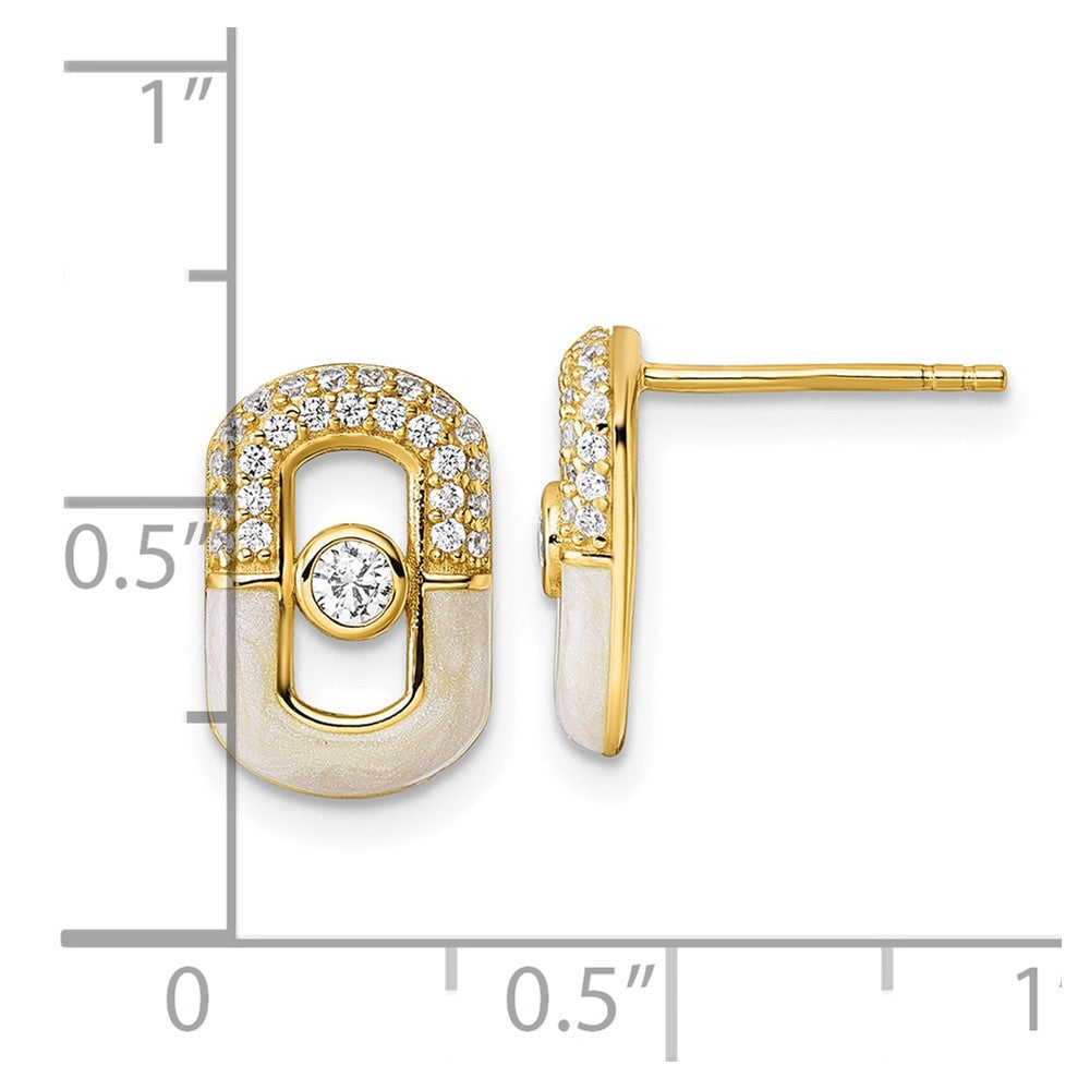 Sterling Silver Gold-tone CZ Enamel Rectangle Post Earrings